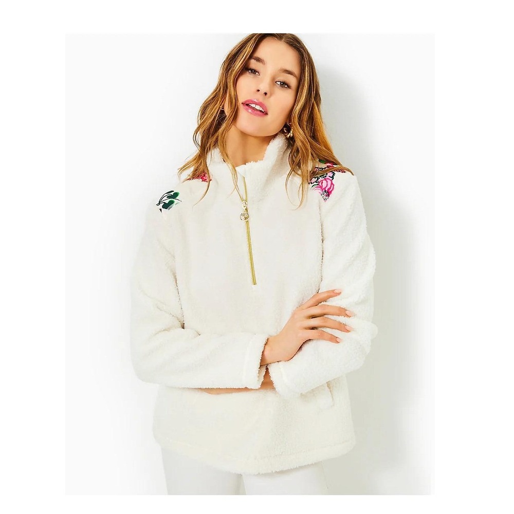 Lilly Pulitzer Wallen Sherpa Half Zip Coconut Floral Pullover Sweatshirt‎ L $178